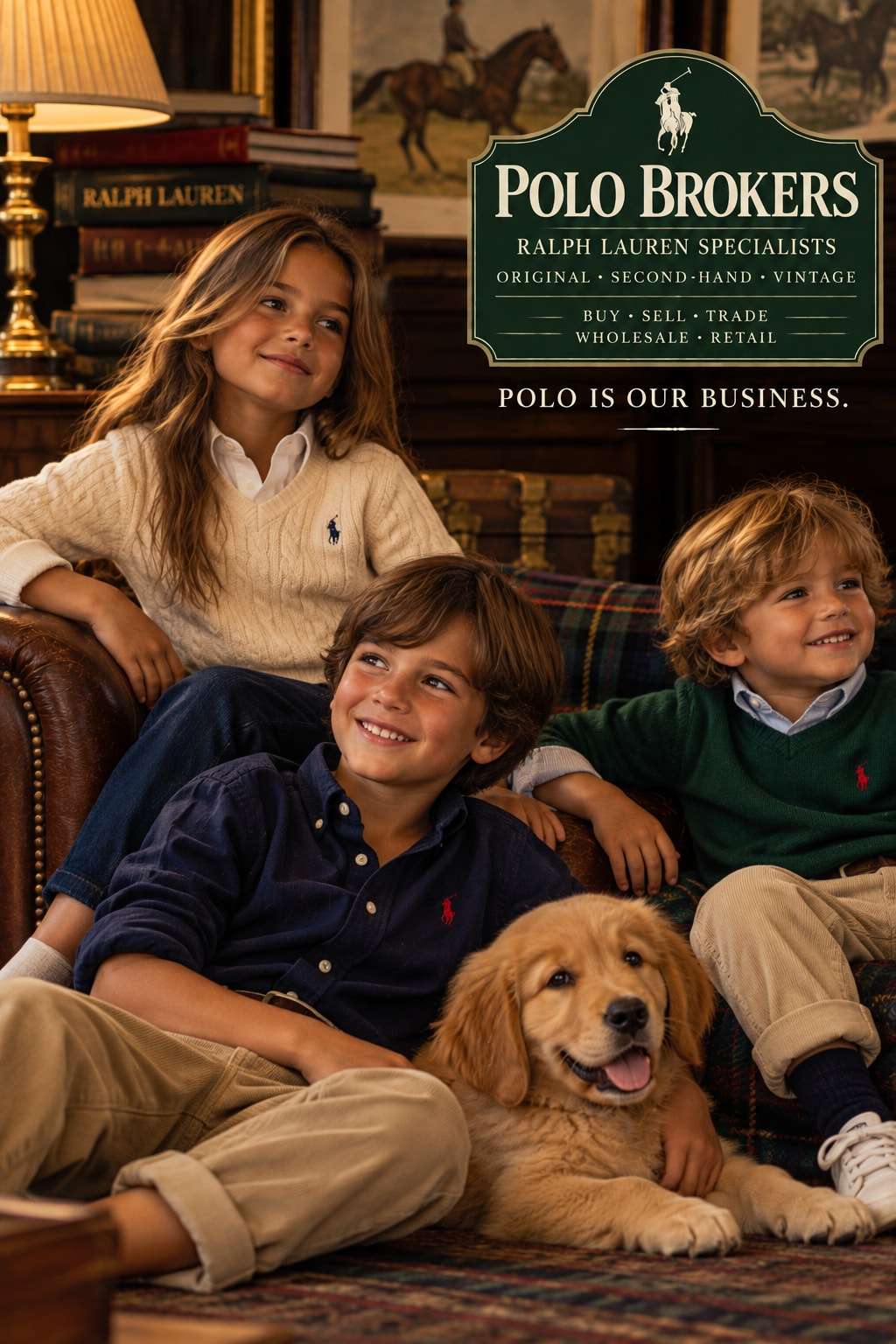 Trois enfants en maille et chemises Ralph Lauren sur un canapé avec un chiot golden retriever