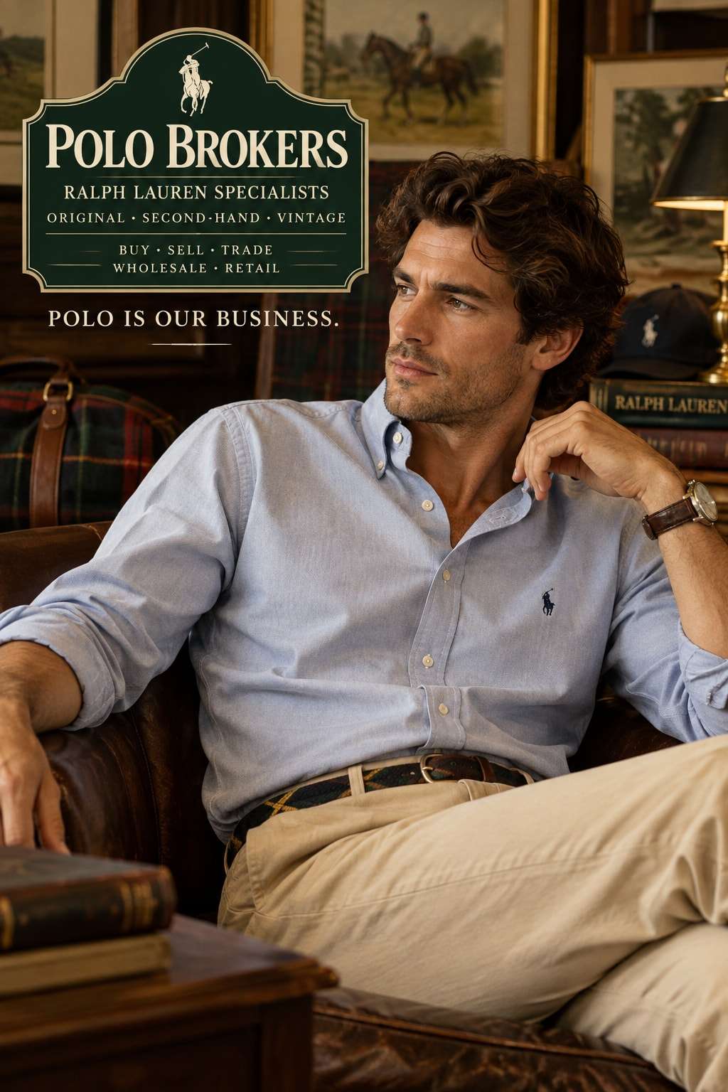 Homme en chemise oxford Ralph Lauren bleu clair et chino, assis dans un fauteuil en cuir
