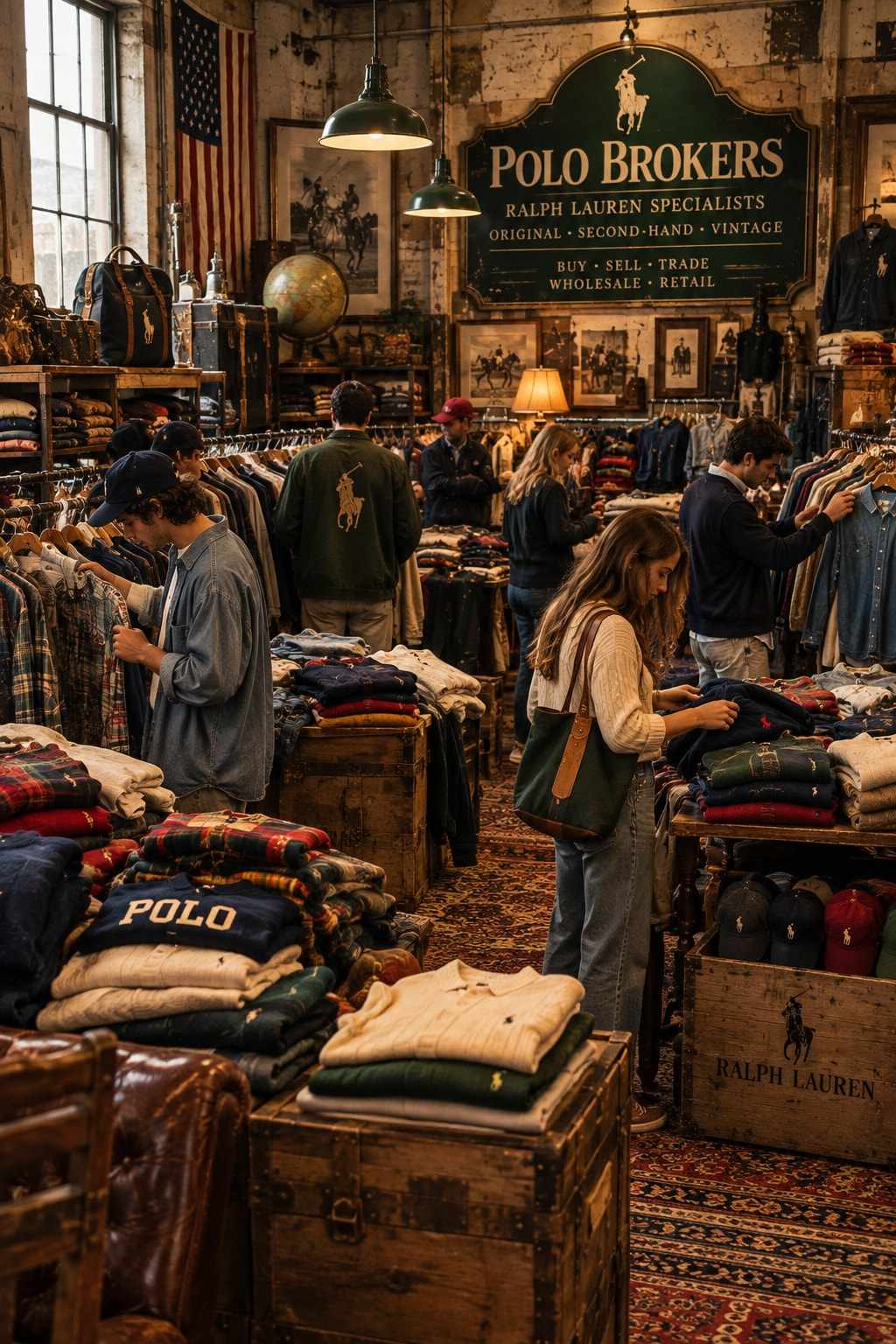 Clients parcourant des vêtements Ralph Lauren vintage dans une boutique, sous une enseigne Polo Brokers