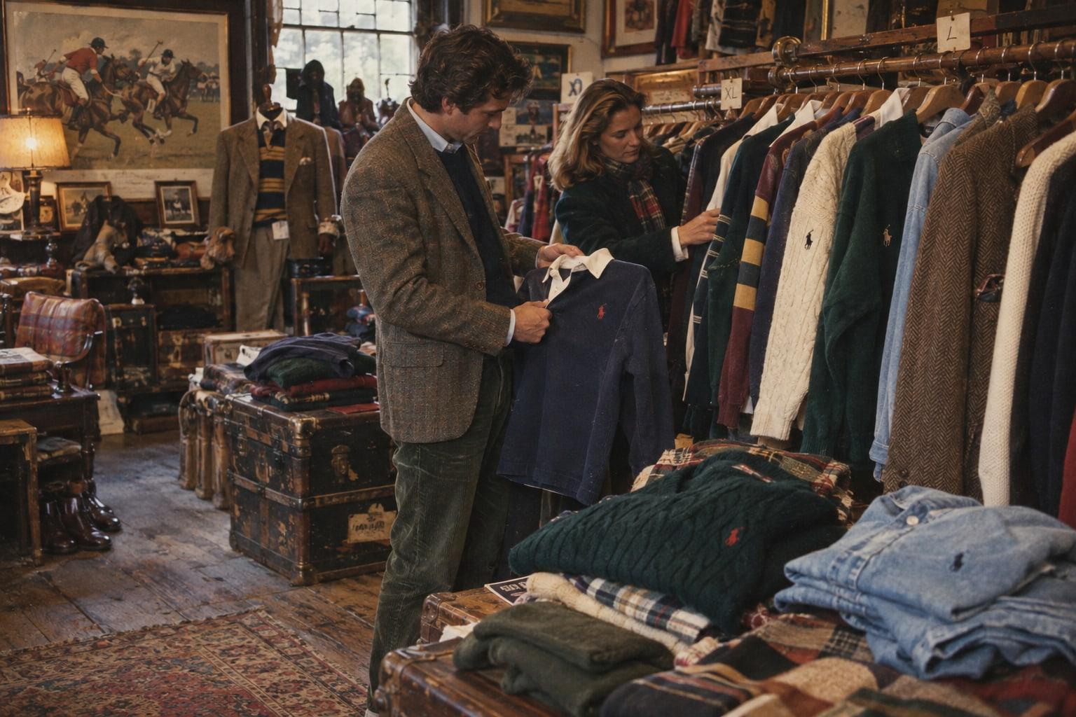 Marchand vintage sélectionnant des vêtements Ralph Lauren
