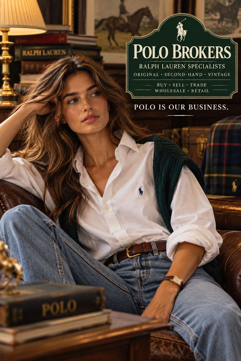 Femme en chemise blanche Ralph Lauren et jean, un pull vert sur les épaules
